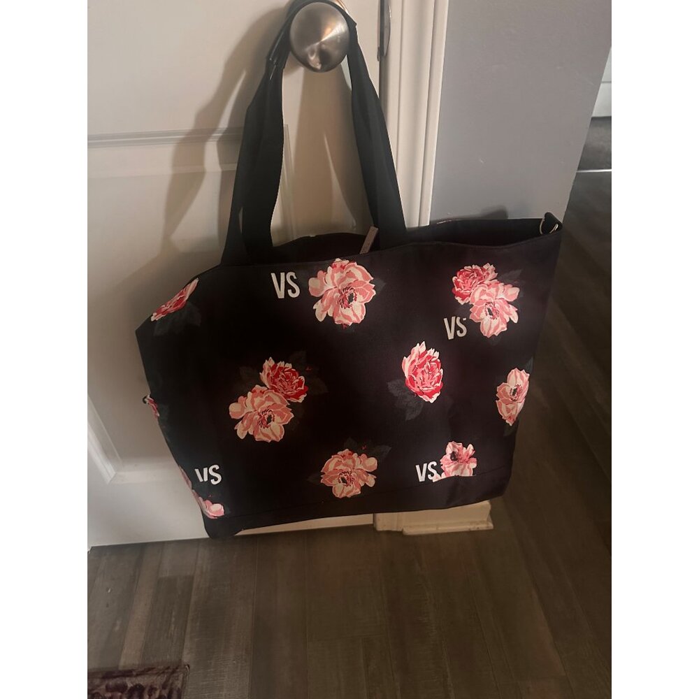 Victorias Secret Black Floral Tote Bag Pink Roses Print 12" Tall weekender